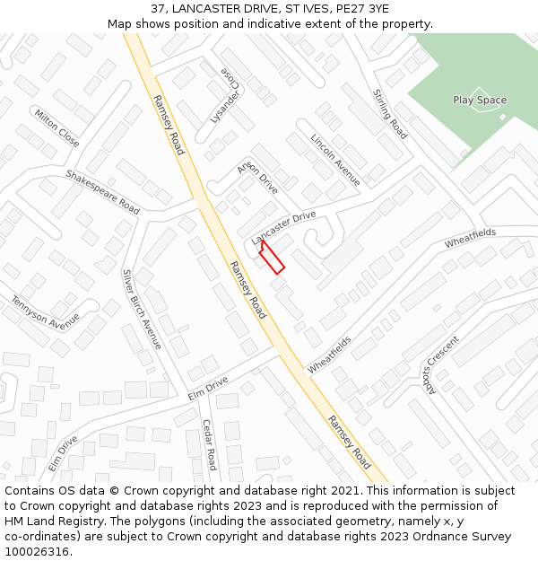37, LANCASTER DRIVE, ST IVES, PE27 3YE: Location map and indicative extent of plot