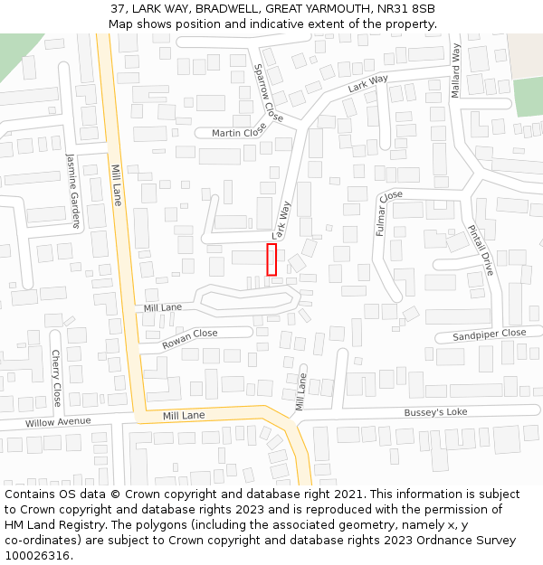 37, LARK WAY, BRADWELL, GREAT YARMOUTH, NR31 8SB: Location map and indicative extent of plot