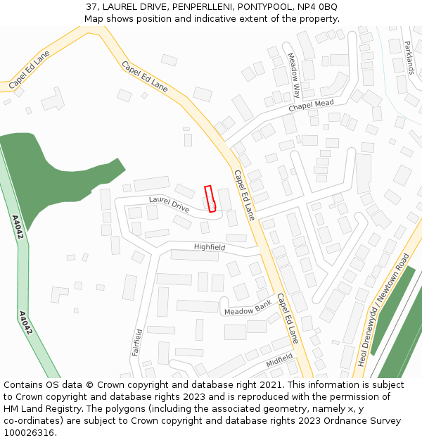 37, LAUREL DRIVE, PENPERLLENI, PONTYPOOL, NP4 0BQ: Location map and indicative extent of plot