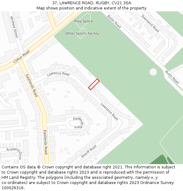 37, LAWRENCE ROAD, RUGBY, CV21 3SA: Location map and indicative extent of plot