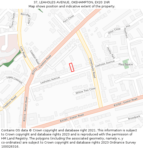 37, LEAHOLES AVENUE, OKEHAMPTON, EX20 1NR: Location map and indicative extent of plot