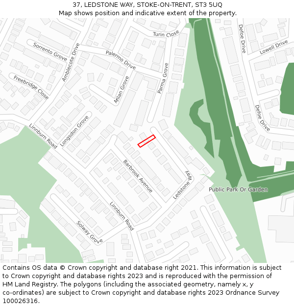 37, LEDSTONE WAY, STOKE-ON-TRENT, ST3 5UQ: Location map and indicative extent of plot