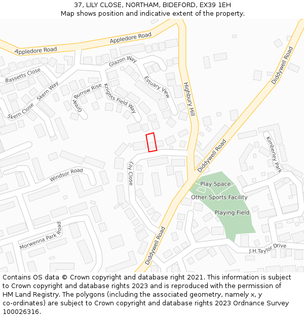 37, LILY CLOSE, NORTHAM, BIDEFORD, EX39 1EH: Location map and indicative extent of plot