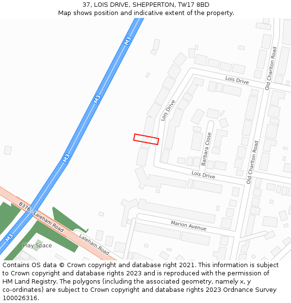 37, LOIS DRIVE, SHEPPERTON, TW17 8BD: Location map and indicative extent of plot