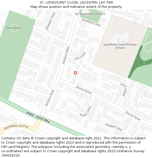 37, LONGHURST CLOSE, LEICESTER, LE4 7WA: Location map and indicative extent of plot