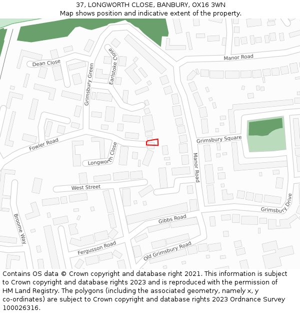 37, LONGWORTH CLOSE, BANBURY, OX16 3WN: Location map and indicative extent of plot