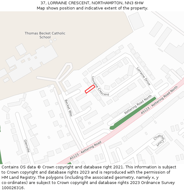 37, LORRAINE CRESCENT, NORTHAMPTON, NN3 6HW: Location map and indicative extent of plot