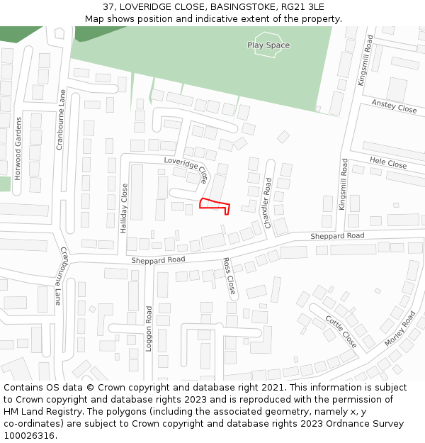 37, LOVERIDGE CLOSE, BASINGSTOKE, RG21 3LE: Location map and indicative extent of plot