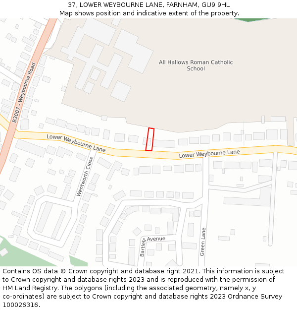 37, LOWER WEYBOURNE LANE, FARNHAM, GU9 9HL: Location map and indicative extent of plot