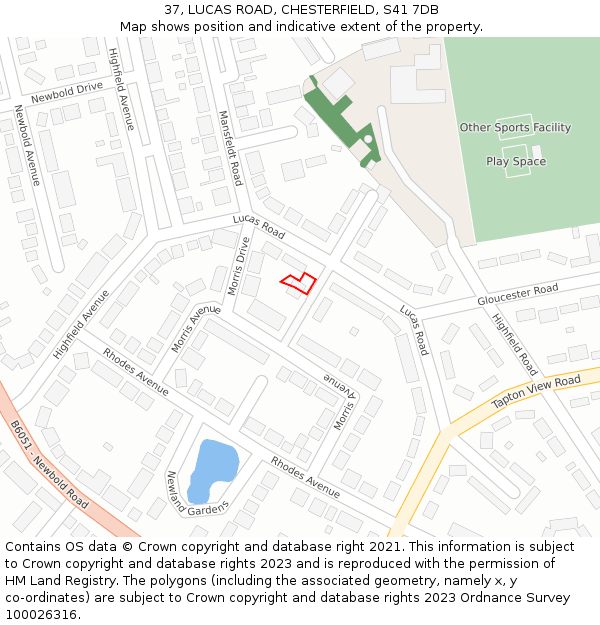 37, LUCAS ROAD, CHESTERFIELD, S41 7DB: Location map and indicative extent of plot