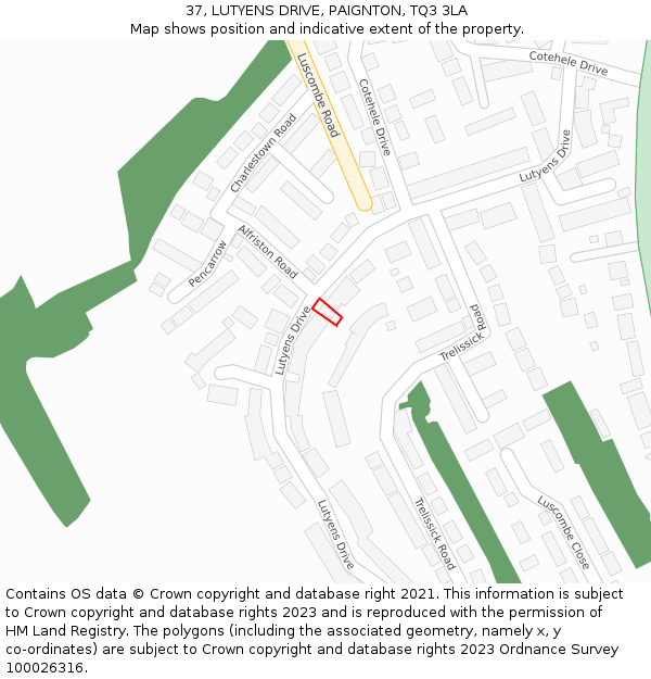 37, LUTYENS DRIVE, PAIGNTON, TQ3 3LA: Location map and indicative extent of plot