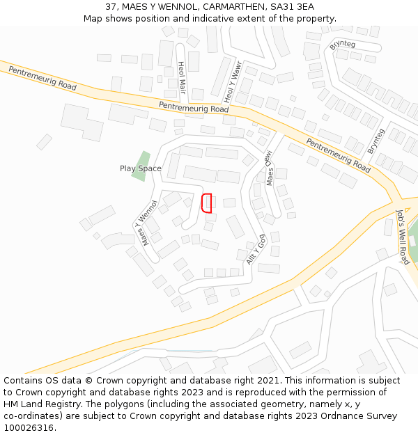 37, MAES Y WENNOL, CARMARTHEN, SA31 3EA: Location map and indicative extent of plot