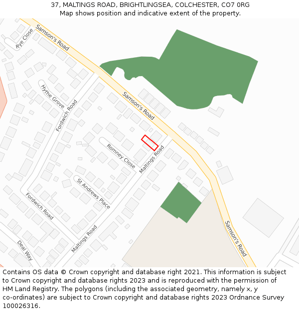 37, MALTINGS ROAD, BRIGHTLINGSEA, COLCHESTER, CO7 0RG: Location map and indicative extent of plot