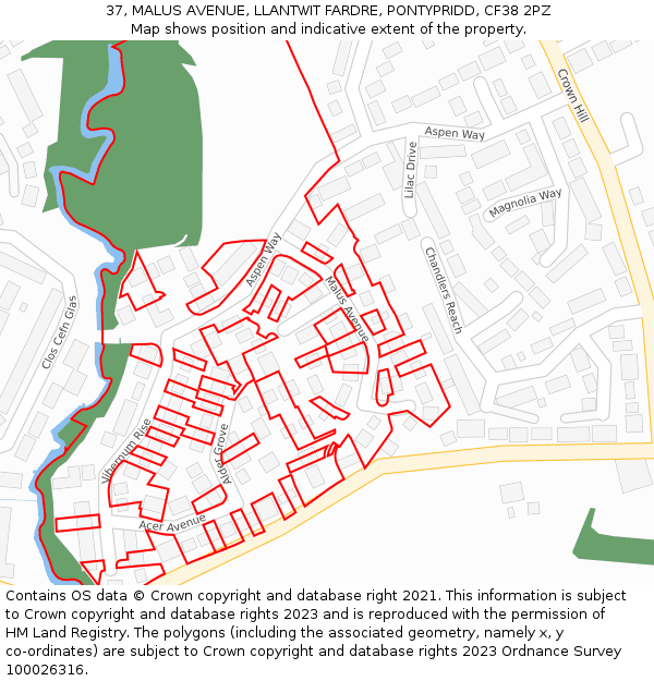 37, MALUS AVENUE, LLANTWIT FARDRE, PONTYPRIDD, CF38 2PZ: Location map and indicative extent of plot