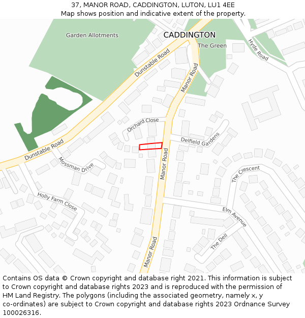 37, MANOR ROAD, CADDINGTON, LUTON, LU1 4EE: Location map and indicative extent of plot