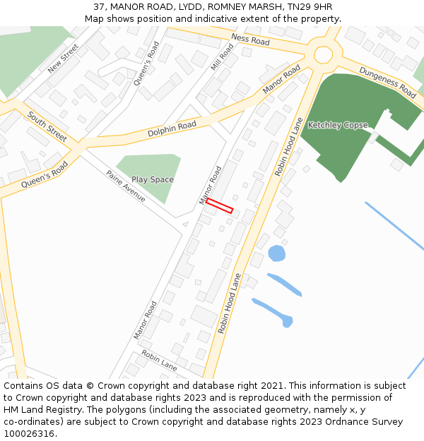 37, MANOR ROAD, LYDD, ROMNEY MARSH, TN29 9HR: Location map and indicative extent of plot