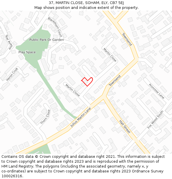 37, MARTIN CLOSE, SOHAM, ELY, CB7 5EJ: Location map and indicative extent of plot