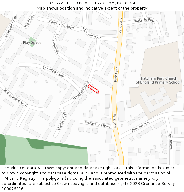 37, MASEFIELD ROAD, THATCHAM, RG18 3AL: Location map and indicative extent of plot