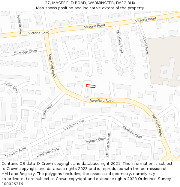 37, MASEFIELD ROAD, WARMINSTER, BA12 8HX: Location map and indicative extent of plot