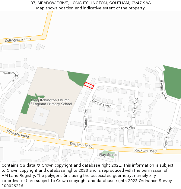 37, MEADOW DRIVE, LONG ITCHINGTON, SOUTHAM, CV47 9AA: Location map and indicative extent of plot