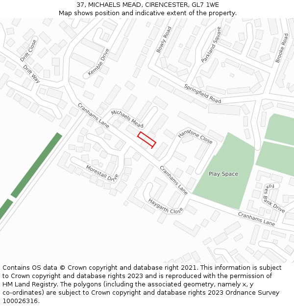 37, MICHAELS MEAD, CIRENCESTER, GL7 1WE: Location map and indicative extent of plot