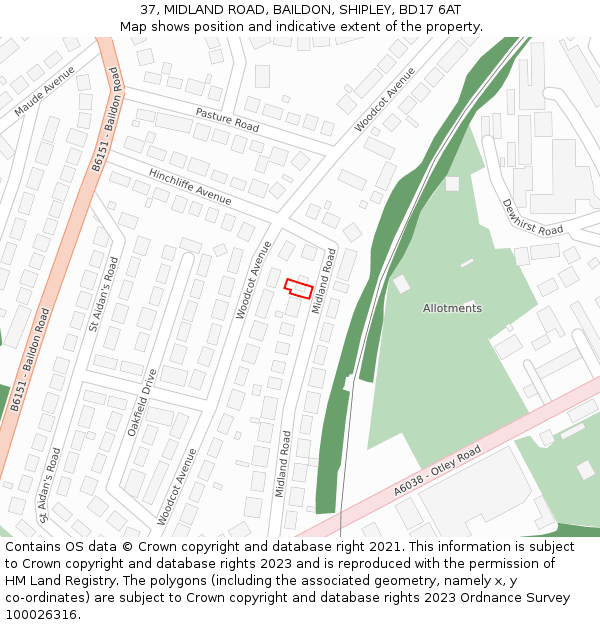 37, MIDLAND ROAD, BAILDON, SHIPLEY, BD17 6AT: Location map and indicative extent of plot