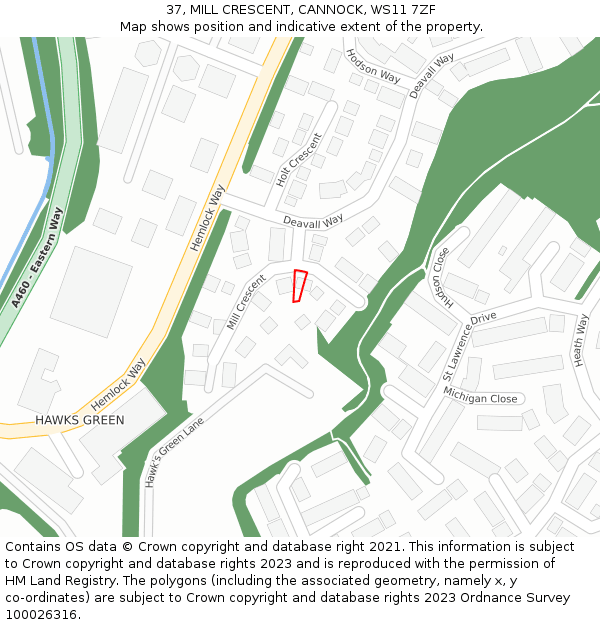 37, MILL CRESCENT, CANNOCK, WS11 7ZF: Location map and indicative extent of plot