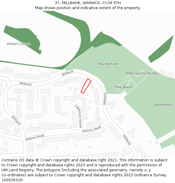 37, MILLBANK, WARWICK, CV34 5TH: Location map and indicative extent of plot