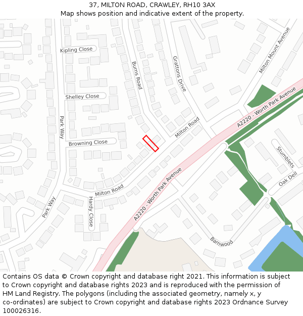 37, MILTON ROAD, CRAWLEY, RH10 3AX: Location map and indicative extent of plot