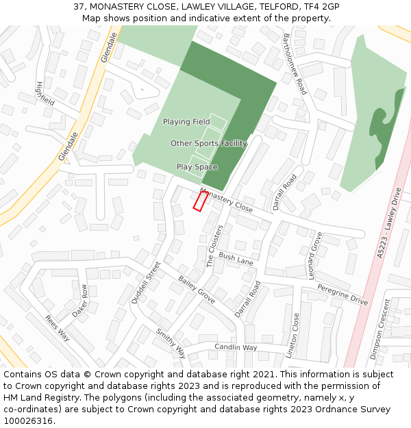 37, MONASTERY CLOSE, LAWLEY VILLAGE, TELFORD, TF4 2GP: Location map and indicative extent of plot