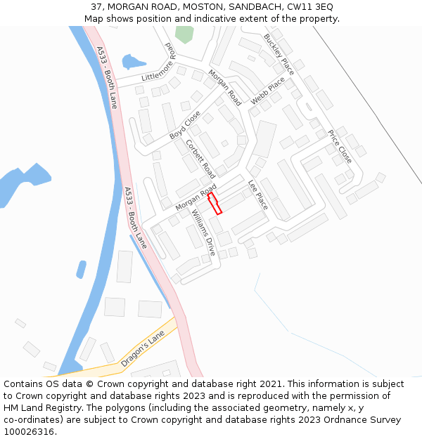 37, MORGAN ROAD, MOSTON, SANDBACH, CW11 3EQ: Location map and indicative extent of plot