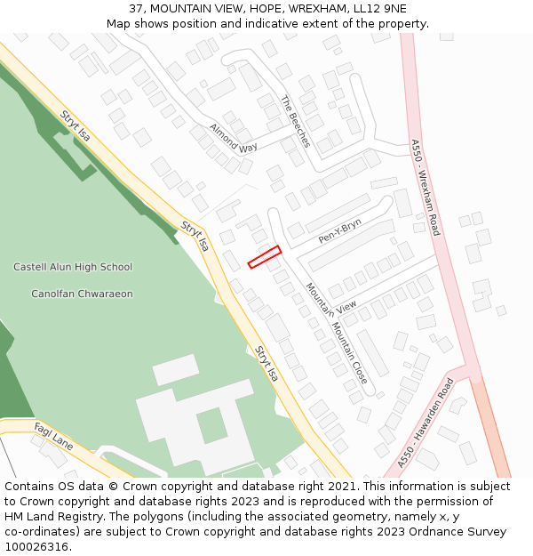 37, MOUNTAIN VIEW, HOPE, WREXHAM, LL12 9NE: Location map and indicative extent of plot