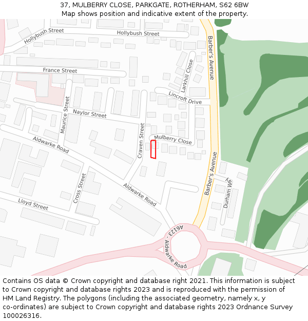 37, MULBERRY CLOSE, PARKGATE, ROTHERHAM, S62 6BW: Location map and indicative extent of plot