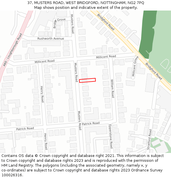 37, MUSTERS ROAD, WEST BRIDGFORD, NOTTINGHAM, NG2 7PQ: Location map and indicative extent of plot