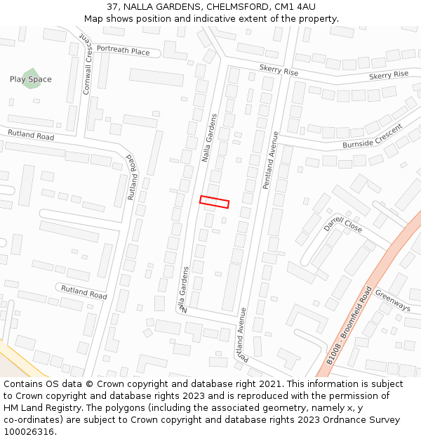 37, NALLA GARDENS, CHELMSFORD, CM1 4AU: Location map and indicative extent of plot