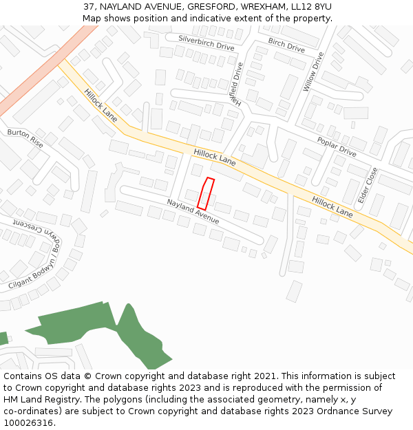37, NAYLAND AVENUE, GRESFORD, WREXHAM, LL12 8YU: Location map and indicative extent of plot