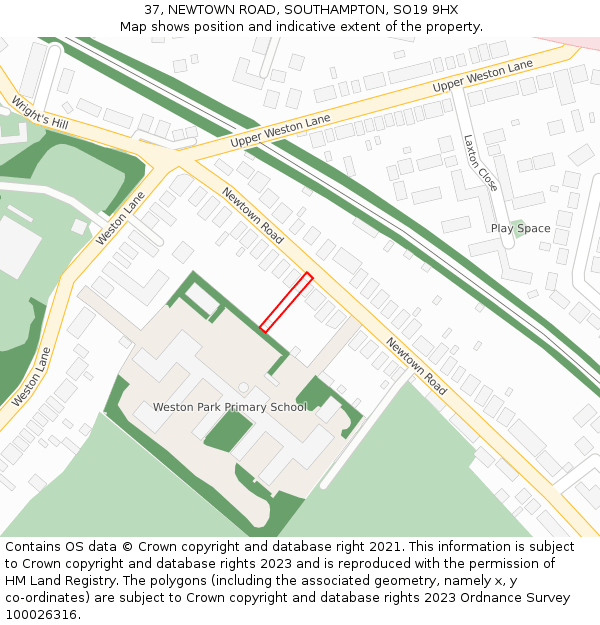 37, NEWTOWN ROAD, SOUTHAMPTON, SO19 9HX: Location map and indicative extent of plot