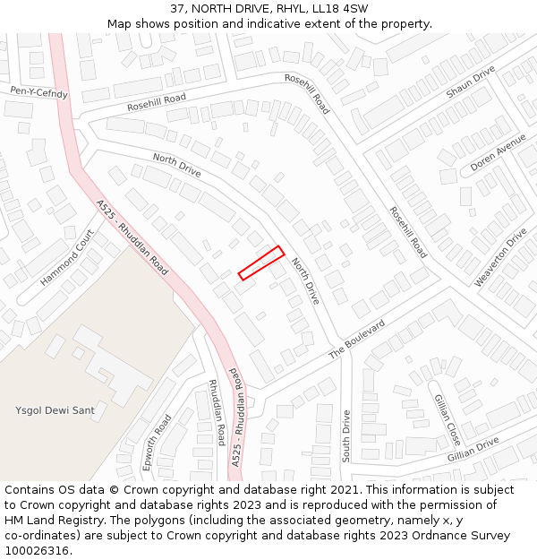 37, NORTH DRIVE, RHYL, LL18 4SW: Location map and indicative extent of plot