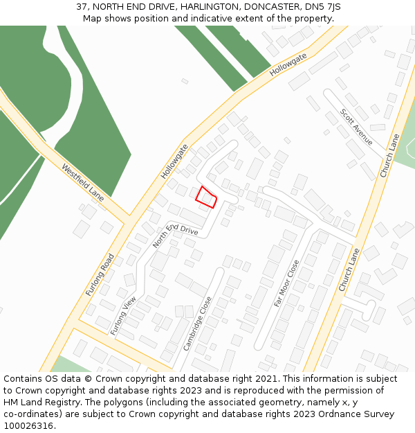 37, NORTH END DRIVE, HARLINGTON, DONCASTER, DN5 7JS: Location map and indicative extent of plot