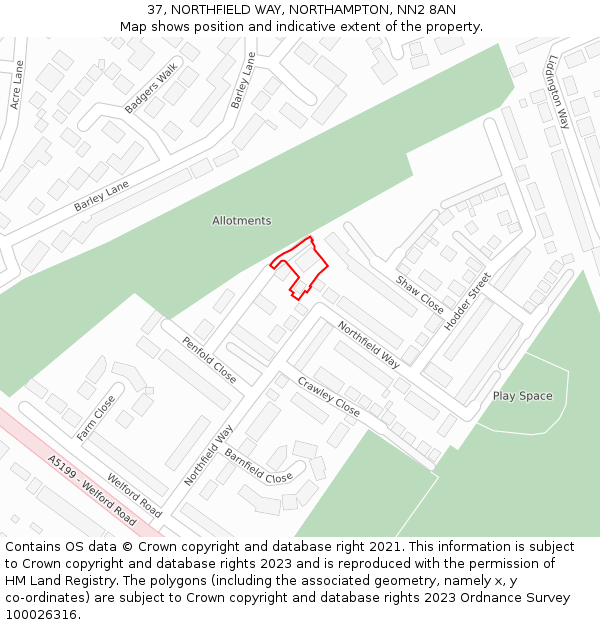 37, NORTHFIELD WAY, NORTHAMPTON, NN2 8AN: Location map and indicative extent of plot