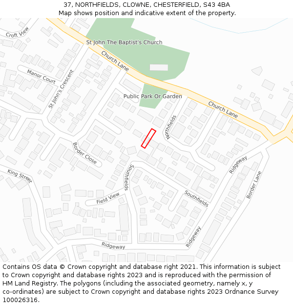 37, NORTHFIELDS, CLOWNE, CHESTERFIELD, S43 4BA: Location map and indicative extent of plot