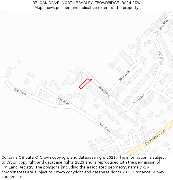 37, OAK DRIVE, NORTH BRADLEY, TROWBRIDGE, BA14 0SW: Location map and indicative extent of plot