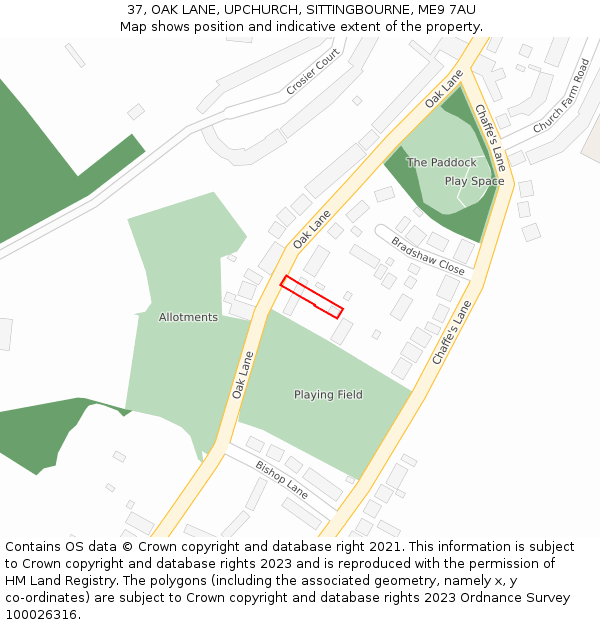 37, OAK LANE, UPCHURCH, SITTINGBOURNE, ME9 7AU: Location map and indicative extent of plot