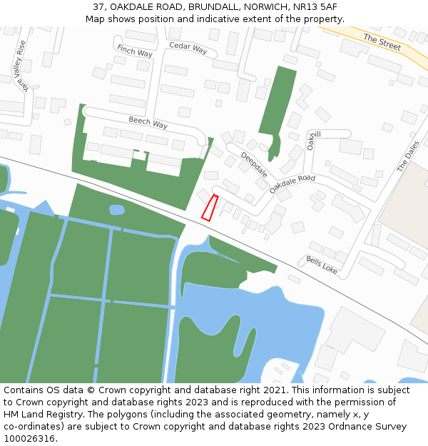 37, OAKDALE ROAD, BRUNDALL, NORWICH, NR13 5AF: Location map and indicative extent of plot