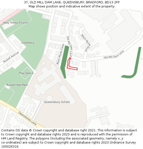 37, OLD MILL DAM LANE, QUEENSBURY, BRADFORD, BD13 2FP: Location map and indicative extent of plot