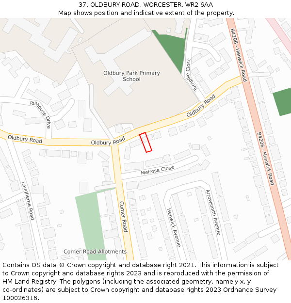 37, OLDBURY ROAD, WORCESTER, WR2 6AA: Location map and indicative extent of plot