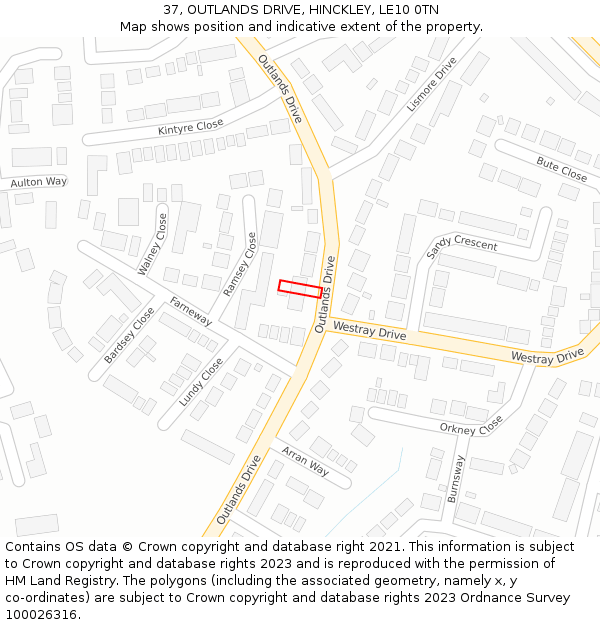 37, OUTLANDS DRIVE, HINCKLEY, LE10 0TN: Location map and indicative extent of plot