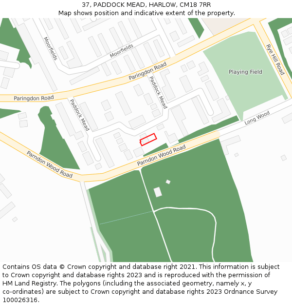 37, PADDOCK MEAD, HARLOW, CM18 7RR: Location map and indicative extent of plot