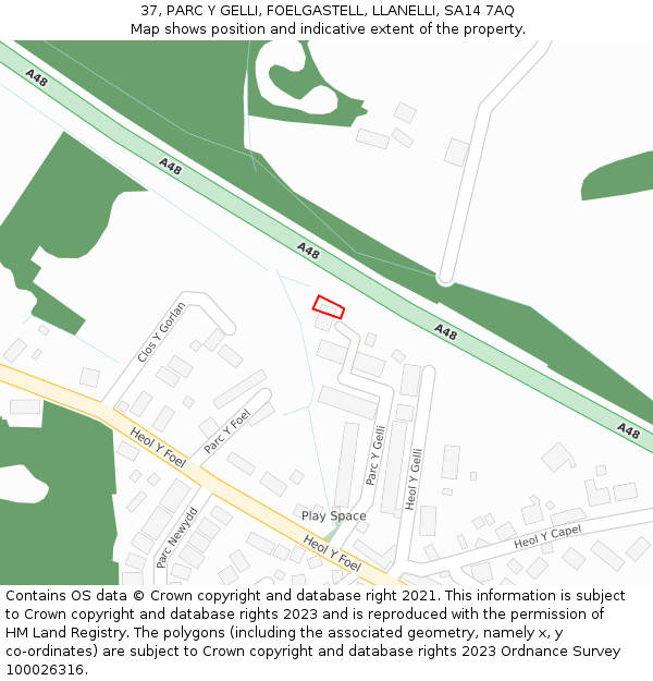 37, PARC Y GELLI, FOELGASTELL, LLANELLI, SA14 7AQ: Location map and indicative extent of plot