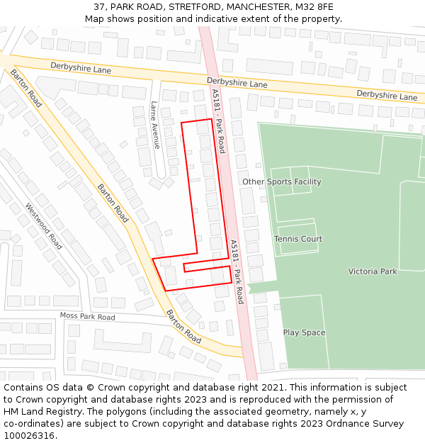 37, PARK ROAD, STRETFORD, MANCHESTER, M32 8FE: Location map and indicative extent of plot